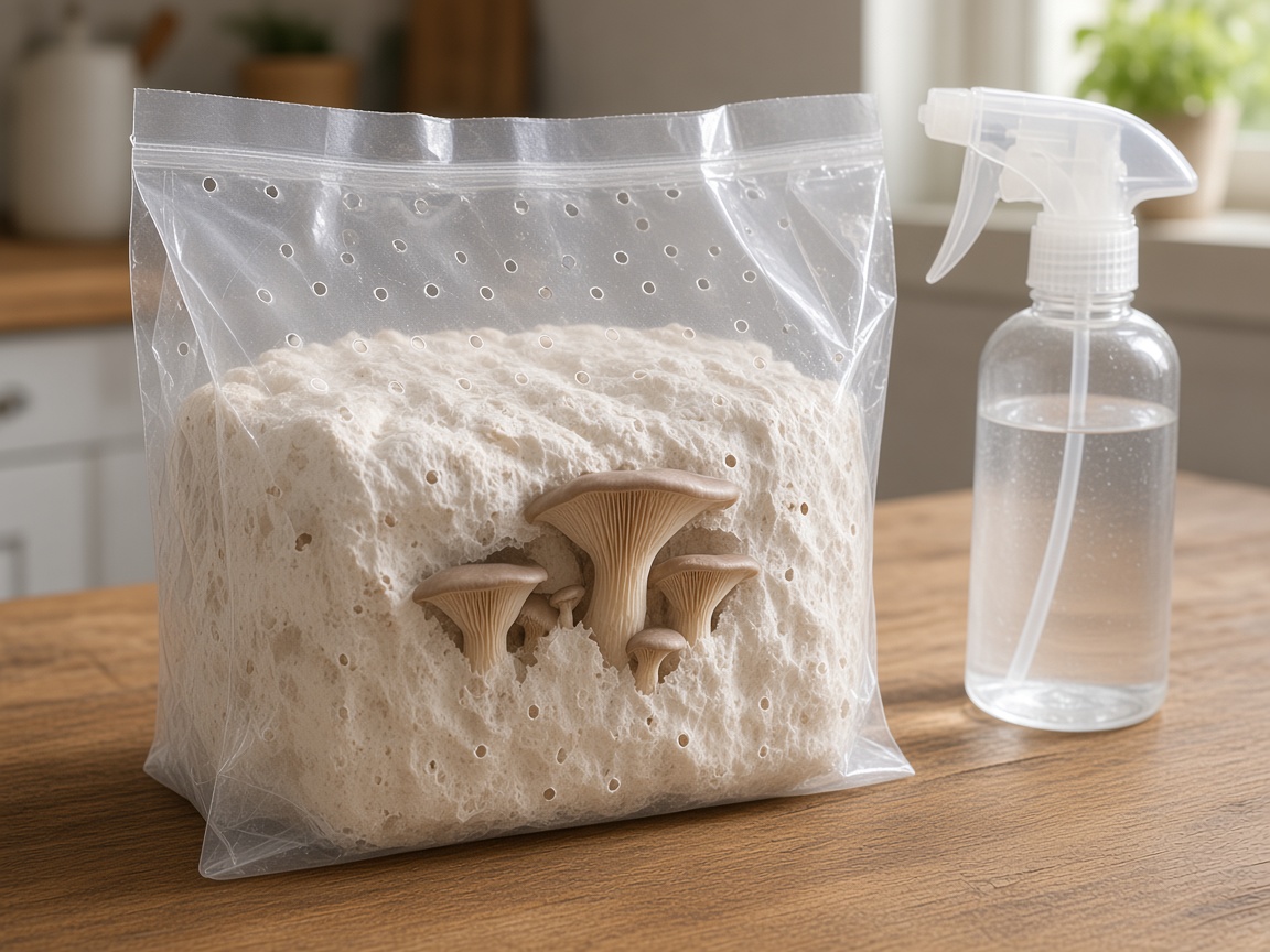 A home DIY kit with young oyster mushrooms emerging from a grow bag