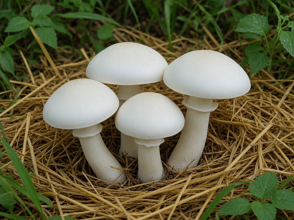 Milky mushrooms growing upright in a straw bed