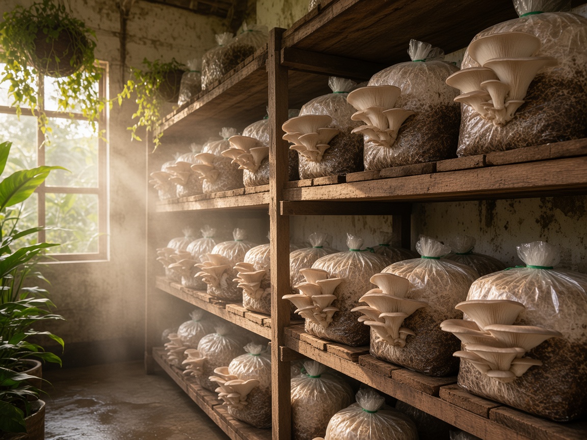 Oyster mushrooms fruiting from bags on shelves in a grow room