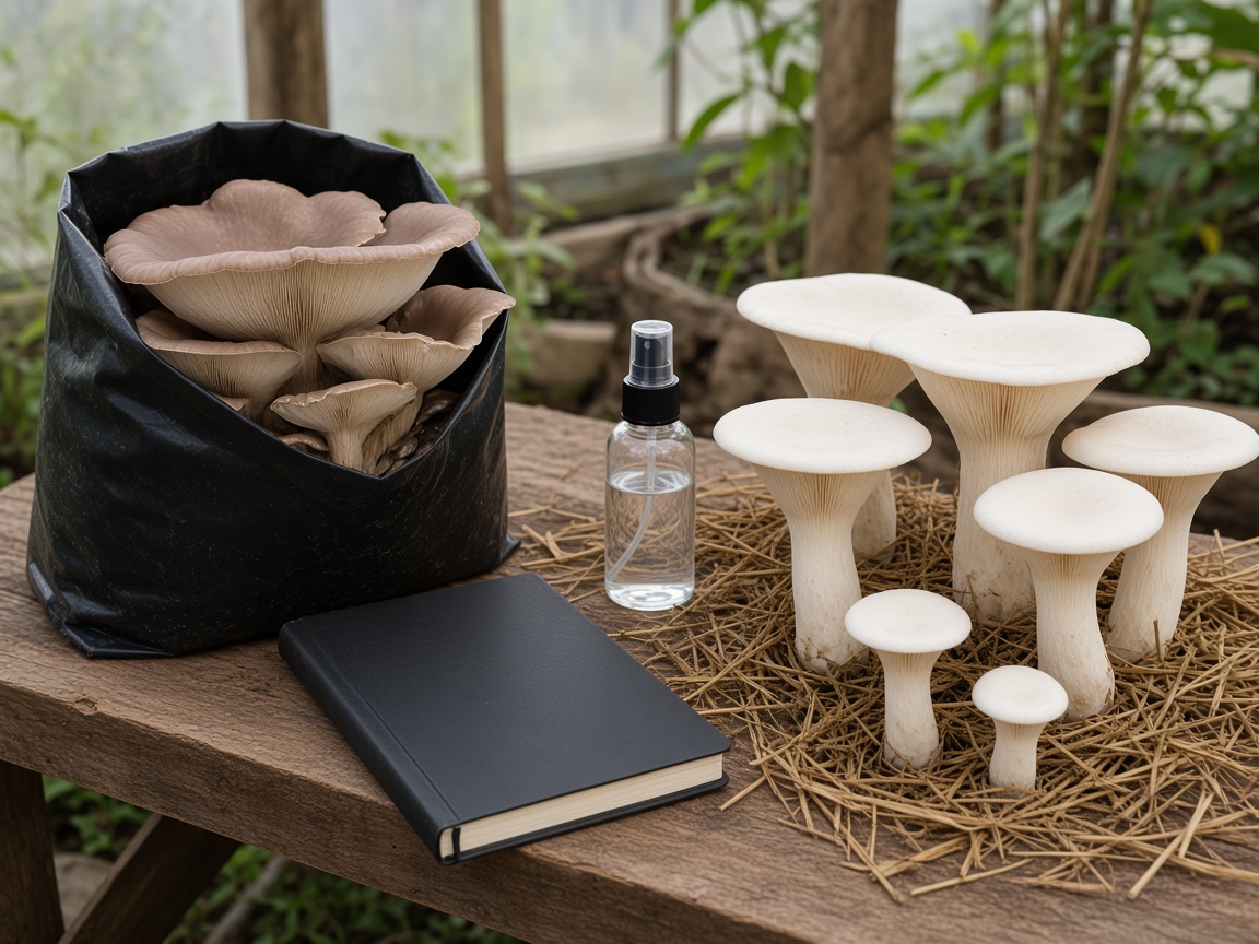 Oyster mushrooms in a grow bag and milky mushrooms on straw, set out for a cultivation lesson