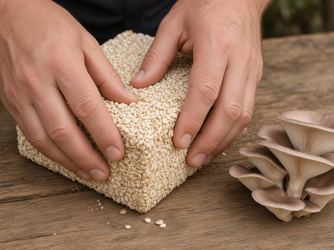 Hands preparing a substrate block beside fresh oyster mushrooms