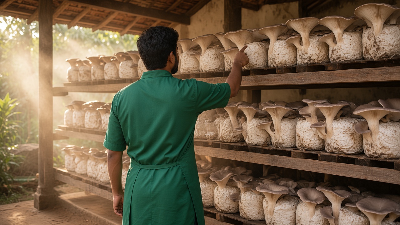 A trainer, seen from behind, showing oyster mushrooms fruiting on grow-room shelves