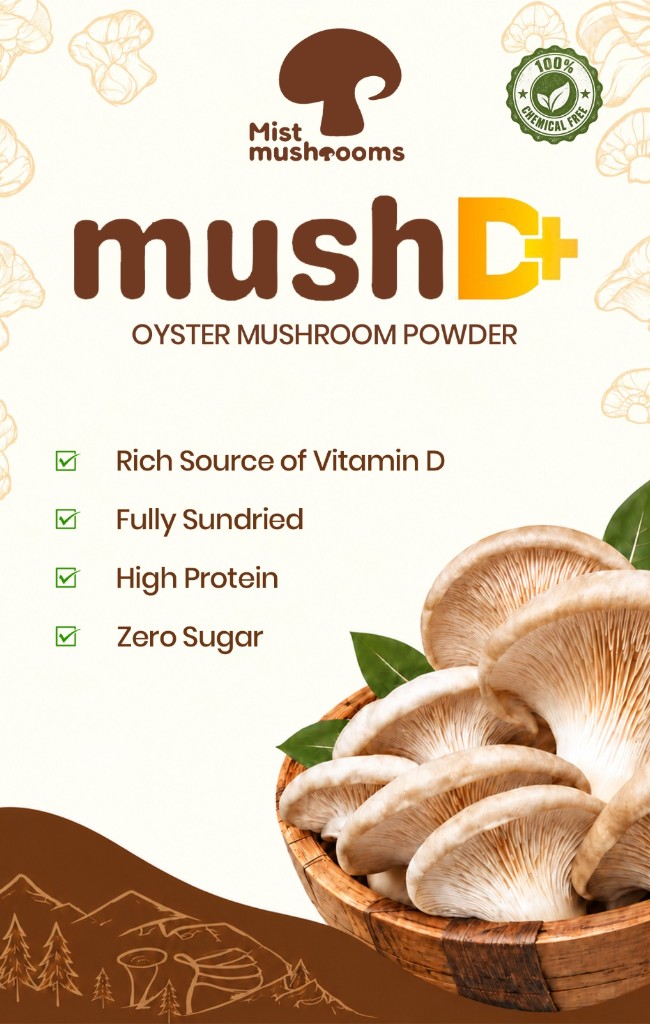 mushD+ pouch front showing sundried oyster mushroom powder and fresh oyster mushrooms in a wooden bowl