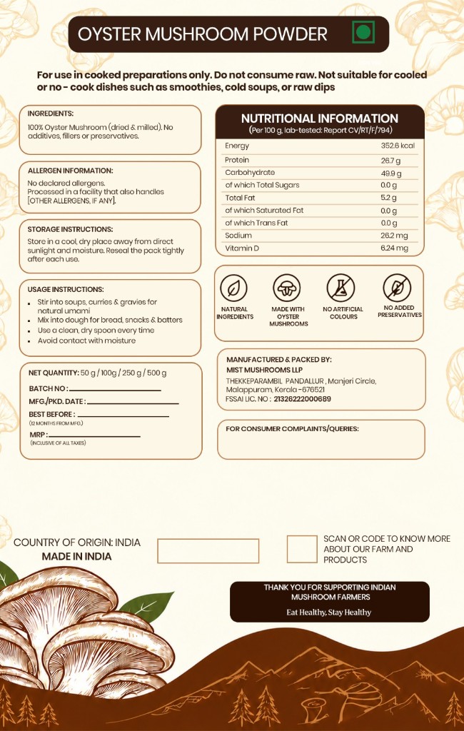 Back label of mushD+ with ingredients, nutrition, storage, and the Kerala packing address