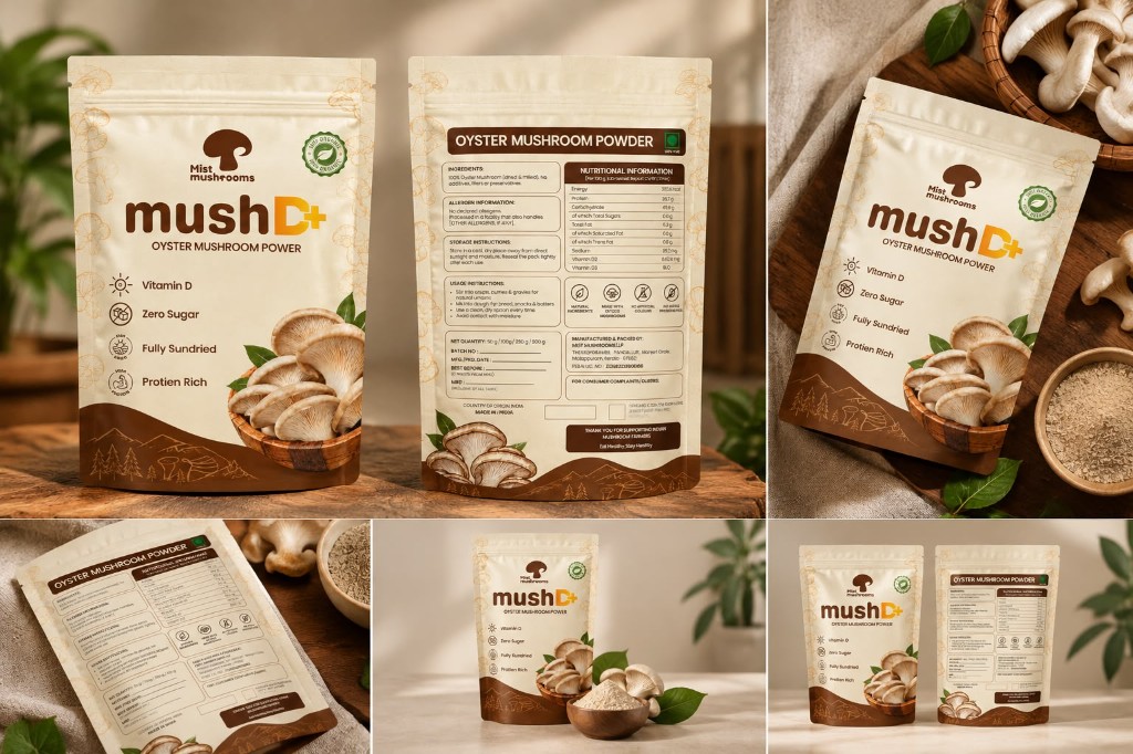 mushD+ pouches on a wooden table with fresh oyster mushrooms and a bowl of powder