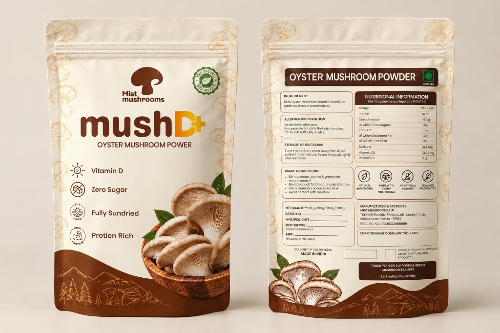 Front and back of the mushD+ oyster mushroom powder pouch