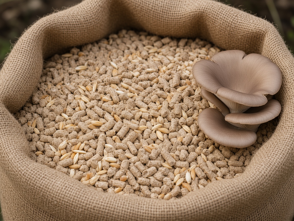 Mushroom growing pellets and grain spawn in a sack, with oyster mushrooms
