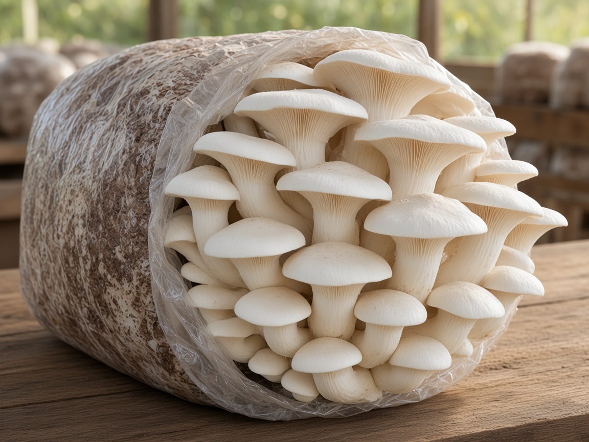 Ready-to-fruit oyster mushrooms bursting from an opened cultivation bag